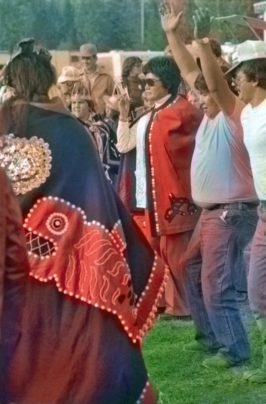 Gloria George and Chief Smogelgem dancing at the Bulkley Valley Exhibition in Smithers 1978